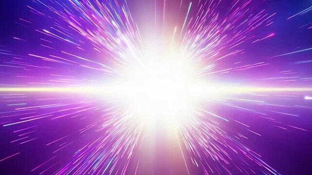 an abstract burst of light with vibrant colors like purple and white, radiating outward.