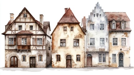 Fototapeta premium Charming vintage houses lined up, showcasing unique architecture and rustic details, perfect for heritage and home themes.