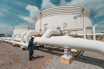 Male worker inspection at steel long pipes and pipe elbow in station oil factory during refinery valve of visual check record pipeline tank oil and gas