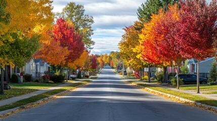 A quiet street in a small Canadian town with colorful autumn trees. No people, copy space.