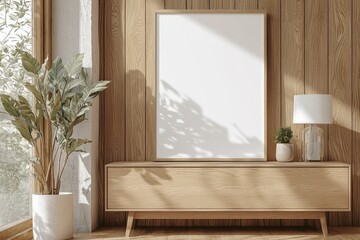 Poster Frame Mockup on Wooden Interior Background created with Generative AI