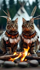 Two cats wearing native american garb sit next to a fire pit with a tippetty tippet