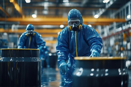 Workers in protective hazmat suits handling hazardous waste drums in an industrial facility, with safety protocols in full effect