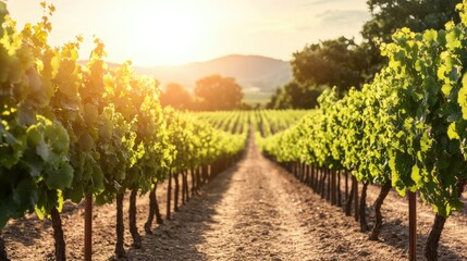 Naklejka premium A quiet vineyard in Napa Valley with rows of grapevines under the sun. No people, copy space.