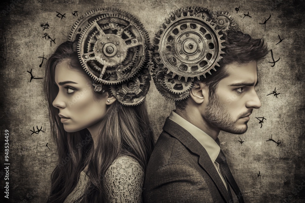 Poster artistic portrait of a couple with mechanical brain visuals symbolizing the intersection of human em