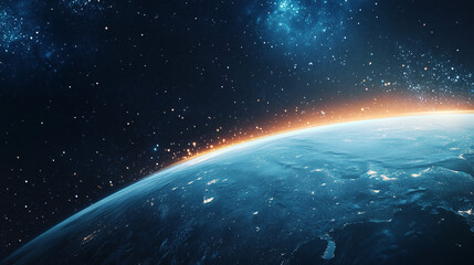 Obraz premium Cosmic abstract background with Earth's illuminated horizon and a sky full of stars