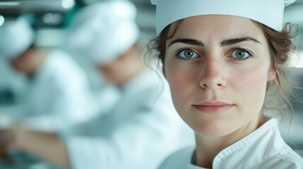 A female chef confidently posing in an active kitchen, dressed in a white chef's uniform, while other chefs are busy preparing food in the background, capturing her focus.