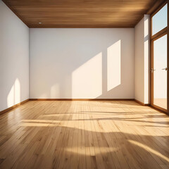 Room interior empty space background mock up, sunlight and shadows room walls, cozy summer warm room with sunlight and leafs shadows and wooden blank parquet floor