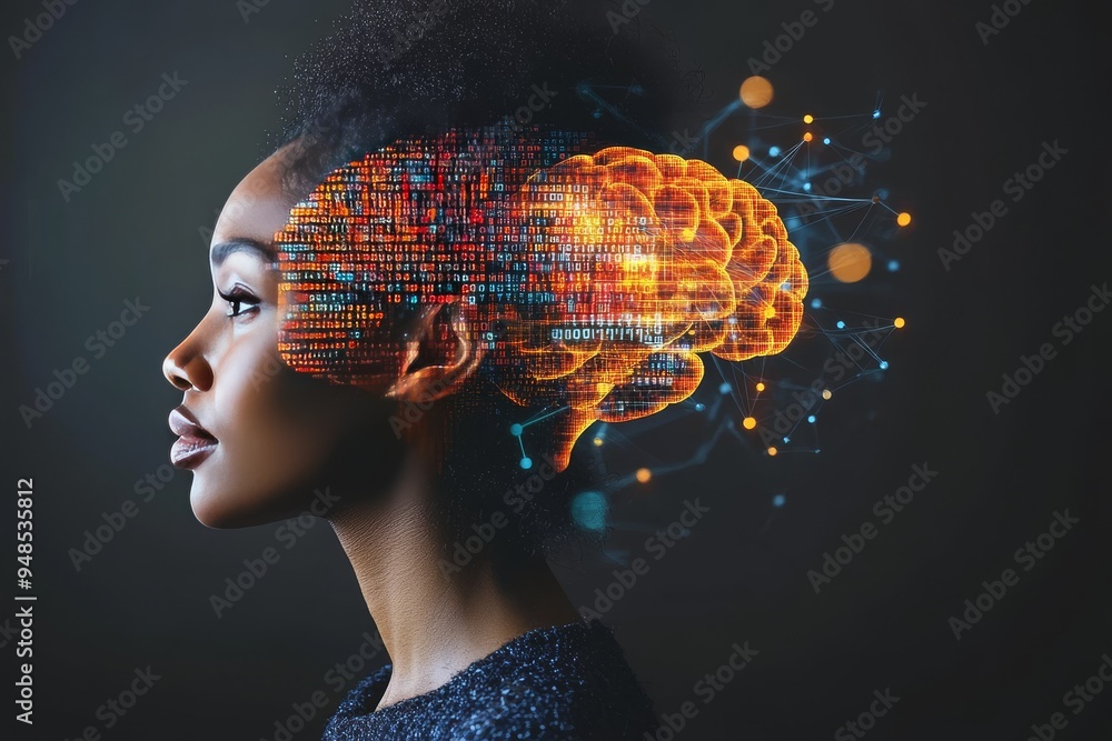 Poster artistic silhouette of a couple with glowing brain visuals symbolizing the merging of thoughts and t