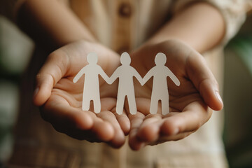 Close-Up of Hands Holding Paper Cutouts of Family Figures, Symbolizing Support and Care for Children with Cancer, Family and Mental Health Awareness Concept