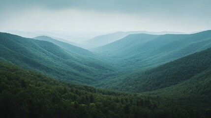 Naklejka premium A serene view of the Appalachian Mountains with rolling hills and dense forests. No people, copy space.