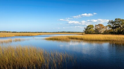 Obraz premium A serene view of the Florida Everglades with sawgrass marshes and distant trees. No people, copy space.