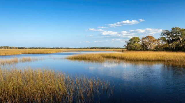 A serene view of the Florida Everglades with sawgrass marshes and distant trees. No people, copy space.