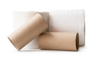 Two rolls of white tissue paper or toilet paper with cores in stack isolated on white background with clipping path