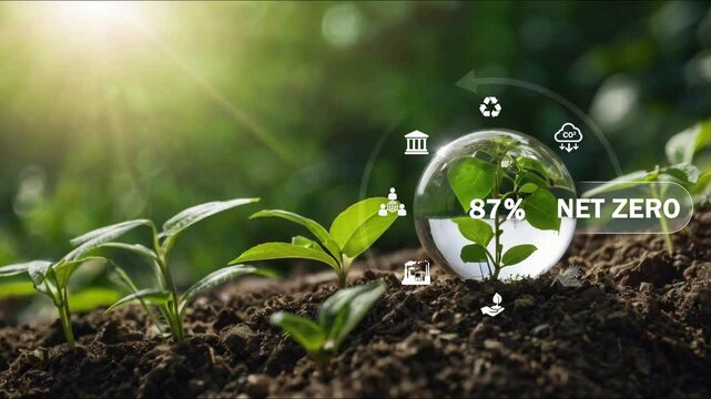 Circular economy concept for future business growth and environmental sustainability and reduce pollution for future business and environmental growth.Globe Glass with Net zero icons In Green Forest.4