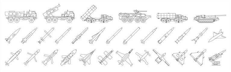 War web icons in line style. Army, battle, conflict, military, missile, refugees, bomb, tank, collection. Vector illustration 10eps.