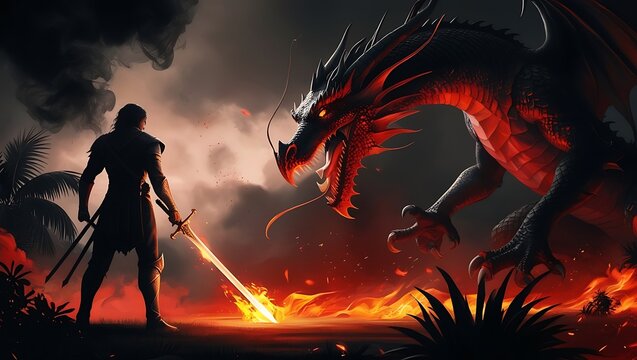 Brave knight facing a menacing dragon.Fairy Tale Dragon Against Dragonslayer.Generative AI.