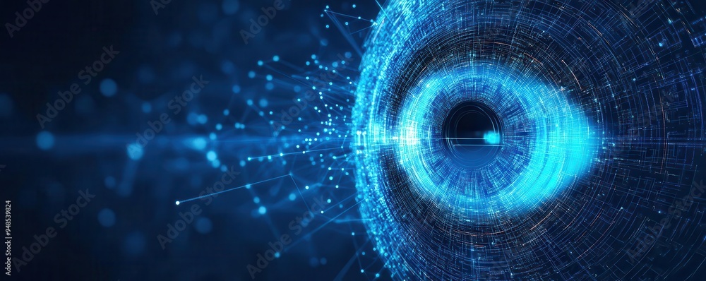Aufkleber high-tech iris scanning process, abstract data patterns, deep blue background, iris scan, biometric 