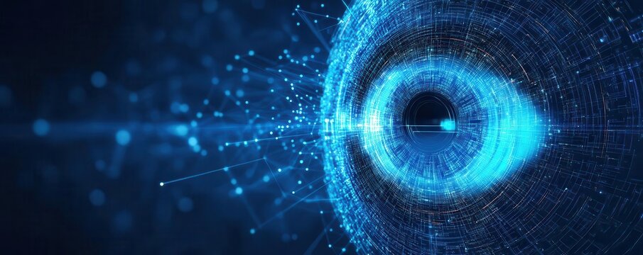 High-tech iris scanning process, abstract data patterns, deep blue background, iris scan, biometric security
