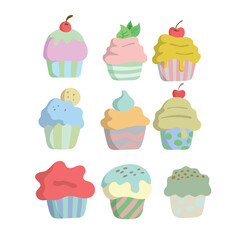 set of cupcakes illustration vector isolated on white background