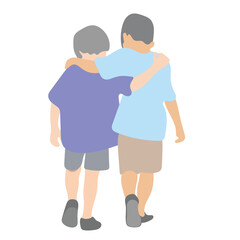 back view of two boys walking together illustration vector isolated on white background