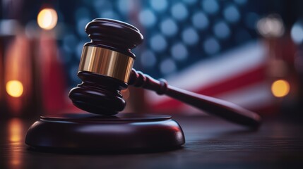 Wooden gavel and USA flag on a wooden table, law concept