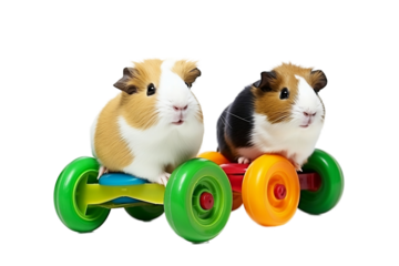 Playful Guinea Pigs with Exercise Wheels on White Background