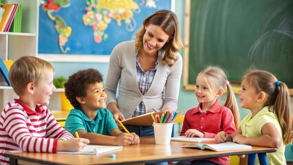 Fototapeta premium Teacher and children in class room, back to school concept