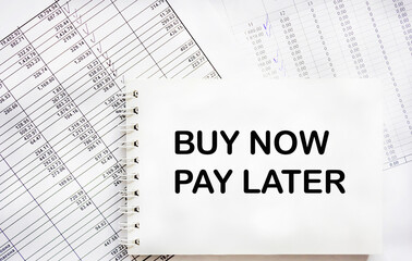 On the reports there is a notepad with the text BUY NOW, PAY LATER. Business concept