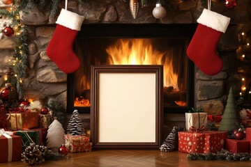 Empty frame mockup placed in front of a roaring fireplace, stockings hanging, with Christmas decor around, cozy, rich tones, digital painting