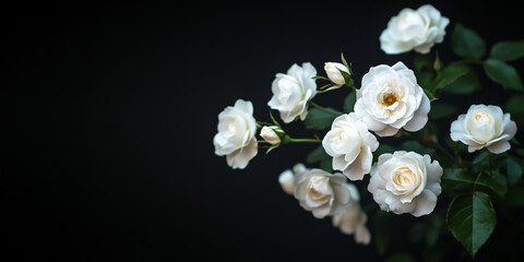 Dark textured wide horizontal banner with roses on vines and ivy. Romantic theme perfect for Valentine&rsquo;s Day. Ample space for adding copy text. Vivid petals create bold contrast with the background