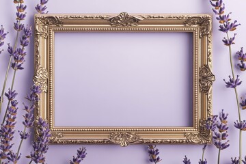 Ornate gold frame with lavender buds, on a pale lavender background, monochromatic floral mockup
