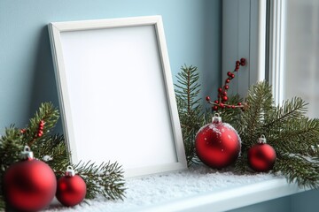 White frame on a snowy windowsill, surrounded by pine branches and red ornaments, minimalist, cool blues, digital painting