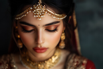 A portrait of an Indian bride in traditional wedding attire with richly adorned jewelry, her gaze elegantly lowered, and refined facial features, reflecting the beauty and grace of Indian culture