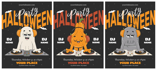 Halloween party invitation poster set in retro groovy style style. Cartoon characters ghost, pumpkin and tombstone as a DJ. Poster or greeting card template for advertising, web, social media.