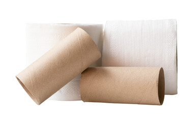 Two rolls of white tissue paper or toilet paper with cores in stack isolated with clipping path in png file format