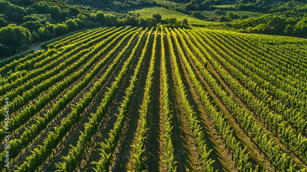 Poster 31. **an aerial view of a vineyard with neatly arranged rows of grapevines.