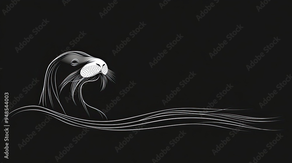 Poster white line drawing of a seal with waves emerging from behind it