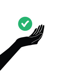 Obraz premium green round check mark on black hand icon. concept of marketing agreement or consumer confirm pictogram. flat simple survey or review logotype