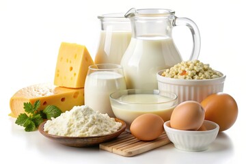 Fresh dairy products, milk, cottage cheese, eggs, yogurt, sour cream and butter on a white background