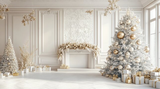 Elegant Christmas interior with white and gold decorations.