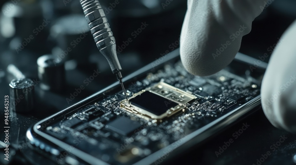 Aufkleber close-up of the delicate process of replacing a damaged camera module on a smartphone, ensuring the 