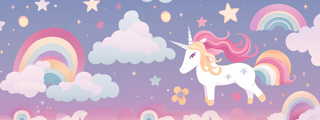 Pastel Fantasy Unicorn with Rainbow Clouds and Stars