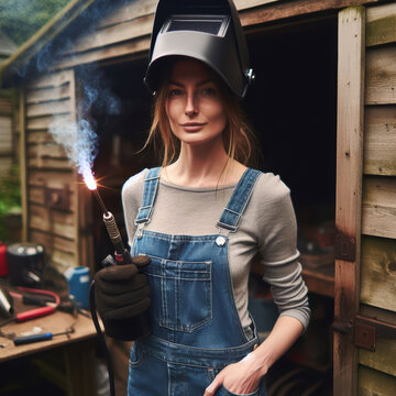 Clair the Welder wearing dungarees, raised protective hood, holding welding torch outside of wooden shed. 