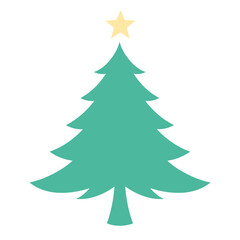 A green Christmas tree with a yellow star on top, on a white background