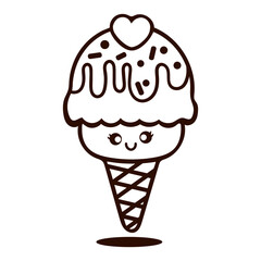 A cute cartoon ice cream cone with a smiling face, heart-shaped sprinkles, and a waffle cone