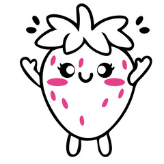 A cute, kawaii-style cartoon strawberry character with large eyes, a smiling expression, and pink accents