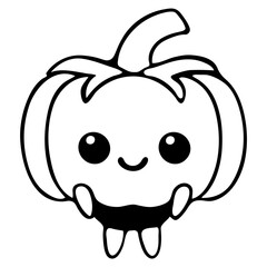 A cute black and white cartoon pumpkin with a smiling face