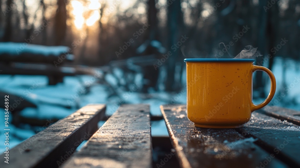 Wall mural A Yellow Mug of Steaming Hot Beverage on a Snowy Wooden Bench