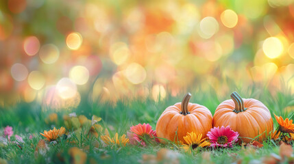 Vibrant autumn scene with orange and green pumpkins surrounded by bright red and yellow flowers, set on a lush green grass background, symbolizing the beauty of the fall season. Halloween background